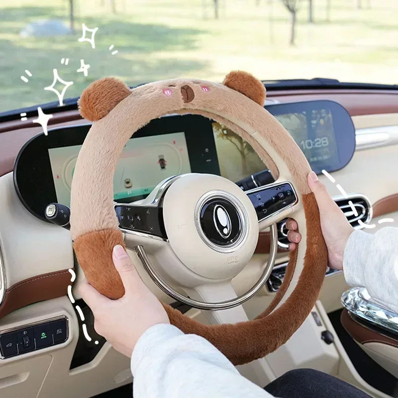2025NEW Cute Cartoon Cute Plush Steering Wheel Cover Natural Rubber Healthy Breathable Universal 38cm Car Accessories