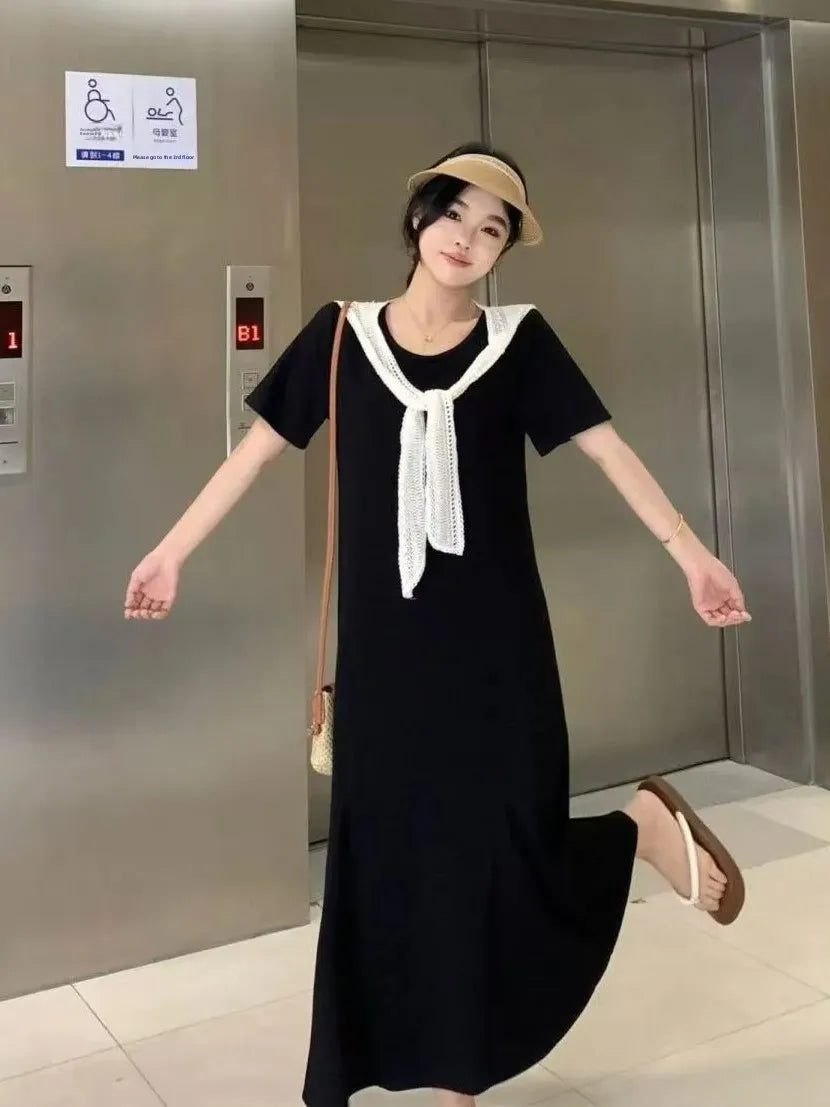 Naval Collar Lace Trim Slimming Long Dress French Style Loose Fit Mommy's Summer Dress mid Waist Design Casual  Knot