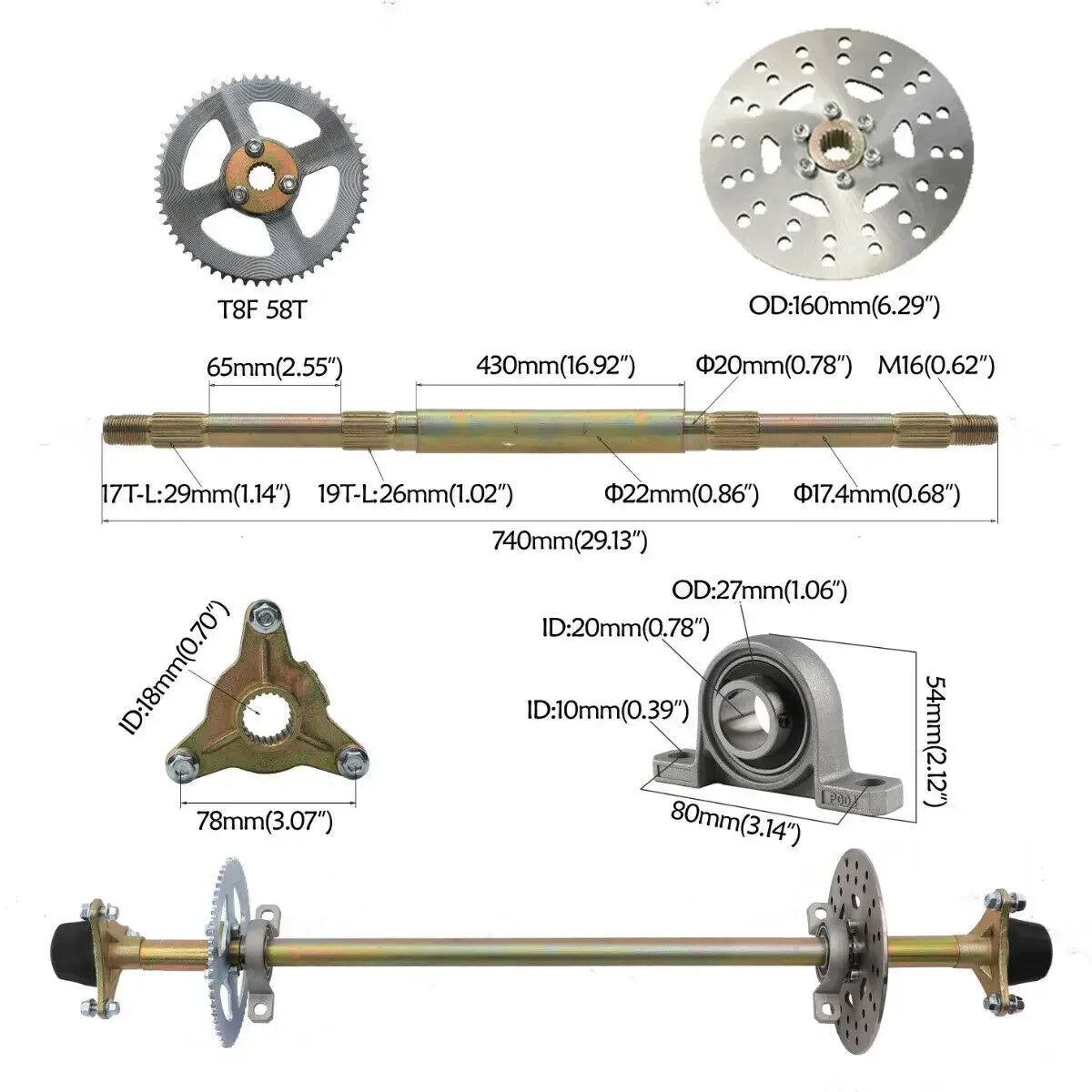 29" Go Kart DIY Drift Trike Rear Axle Kit+4x145/70- 6" Inch Wheel Tyre Rim+ Front Steering Assembly Tie Rod for Quad Buggy