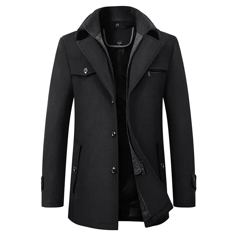 2026 High Quality Men's Wool Coat Medium Length Double Collar Winter Plus Cotton Thickened Wool Coat