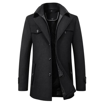 2026 High Quality Men's Wool Coat Medium Length Double Collar Winter Plus Cotton Thickened Wool Coat