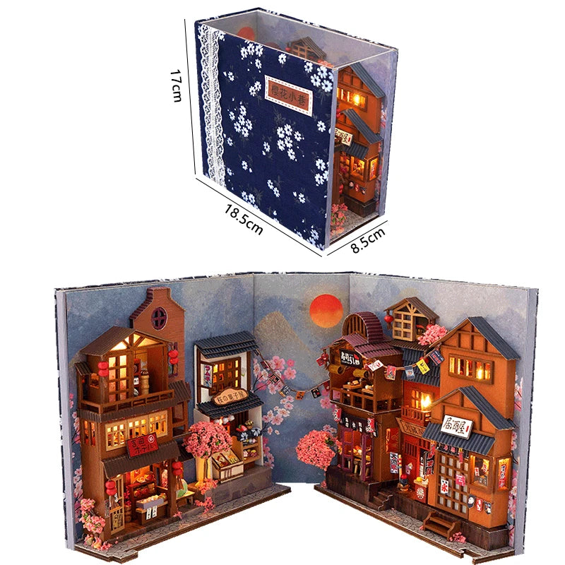 DIY Wooden Bookshelf Dollhouses Book Nook Shelf Insert Miniature Model Kits With Light Bookshelf Bookend Wooden Puzzle Toys Gift