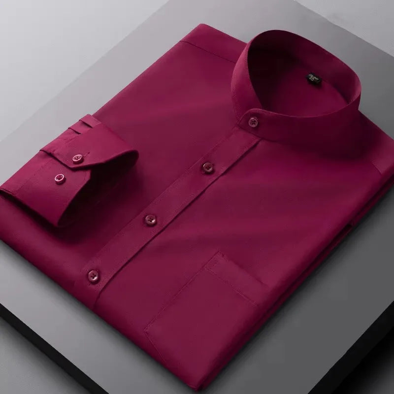 Men's Shirt Long Sleeve Stand-collar (Mandarin Collar) Single Patch Pocket Smart Casual Regular-fit Business Office Dress Shirts