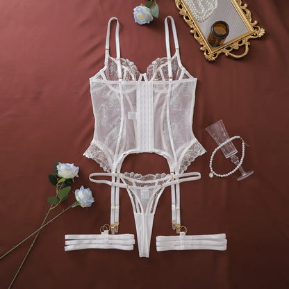 Ellolace French Women's Lingerie Sets Romantic Corset Thong 2PC with Leg Circles Pure Wedding Sexy Miss Hot Girls' Intimates