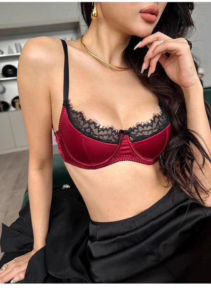 Luxury Satin Lace Lingerie Set Breathable Thin Cotton Cups Underwire Push Up Bra And Thong Sexy Women Underwear for Small Chest