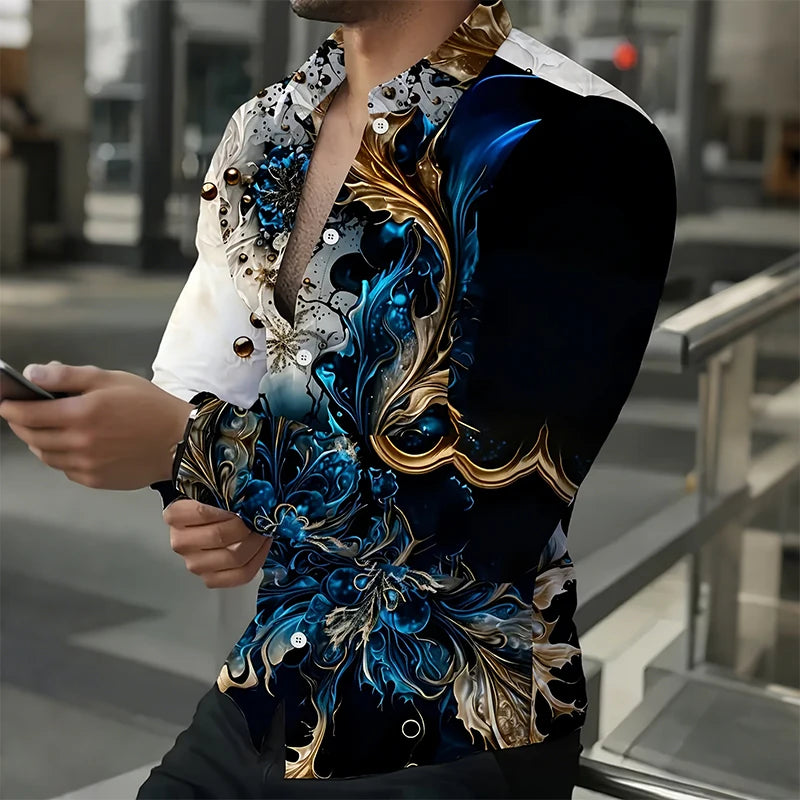LVLAEA Men's Printed Pattern Shirt, Long Sleeve Lapel Button Up Cotton Shirt for Autumn, Luxury Style Trendy Fashion Tated Shirt