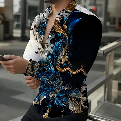 LVLAEA Men's Printed Pattern Shirt, Long Sleeve Lapel Button Up Cotton Shirt for Autumn, Luxury Style Trendy Fashion Tated Shirt