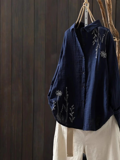 Cotton Linen Women's Shirt Spring New Style Artistic Retro Embroidery Turn-down Collar  Color Long Sleeve Top