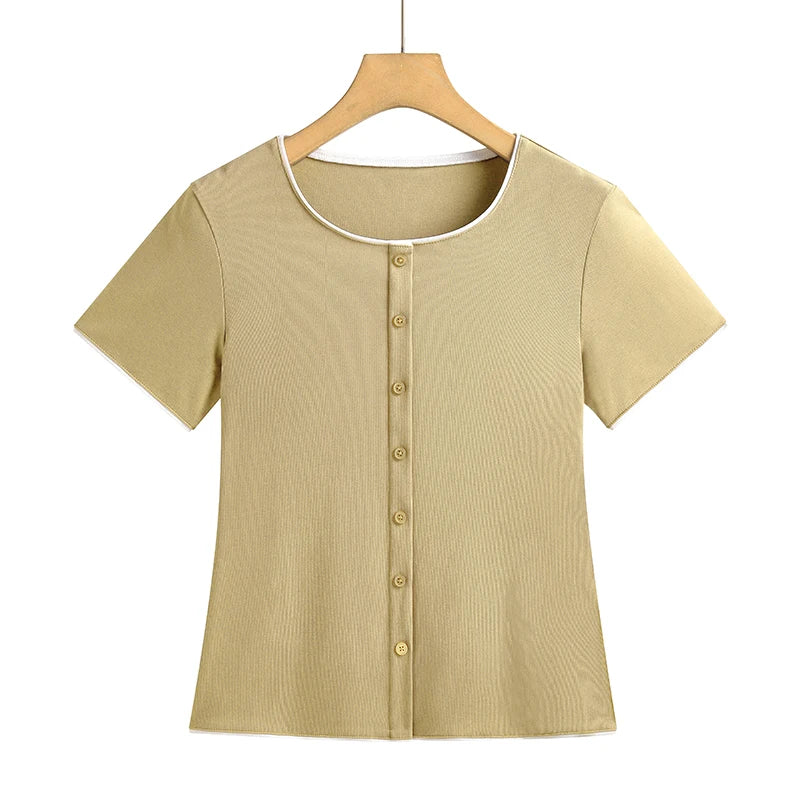 Women Fashion Contrast Edge Button Down T-Shirt Short Sleeve Round Neck Slim Fit Solid Color Casual Summer Blouse Female Tops