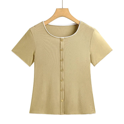 Women Fashion Contrast Edge Button Down T-Shirt Short Sleeve Round Neck Slim Fit Solid Color Casual Summer Blouse Female Tops