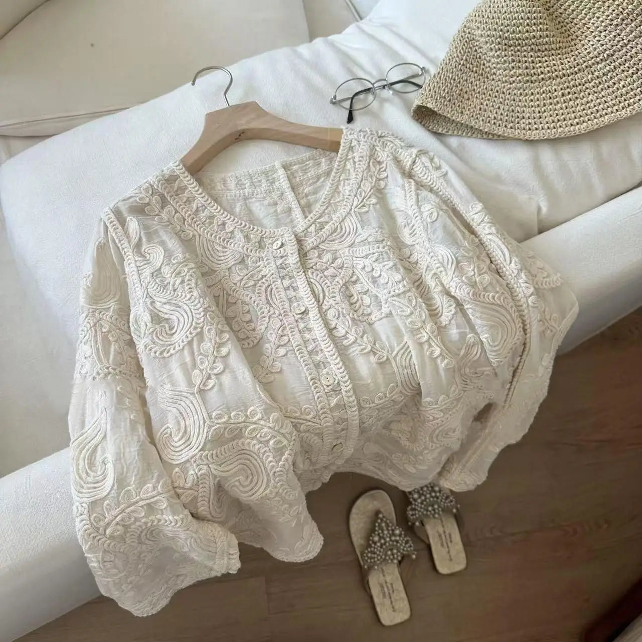 Women Spring Summer Embroidered Versatile Loose-Fit Shirt Top French Style Blouse Cardigan Top