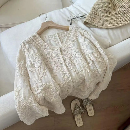 Women Spring Summer Embroidered Versatile Loose-Fit Shirt Top French Style Blouse Cardigan Top