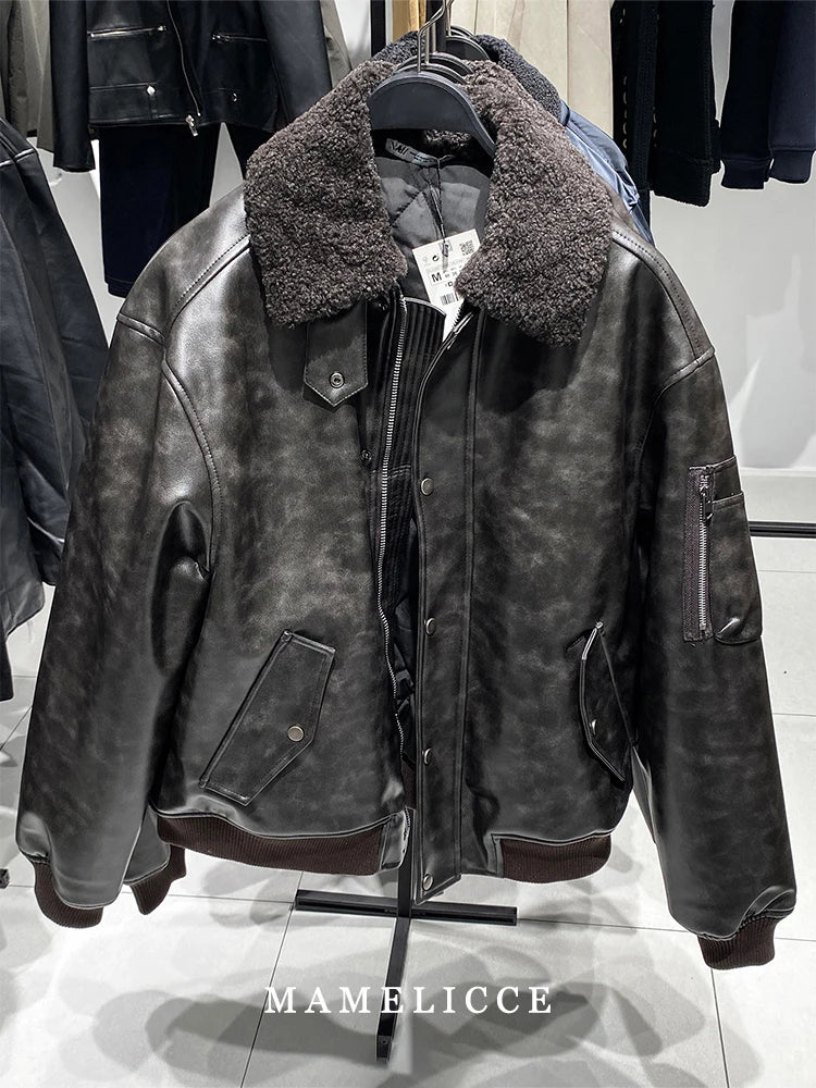 MAMELICCE Original design Removable fur collar jacket Thickened Casual coat Men's clothing Vintage leather jackets overcoats