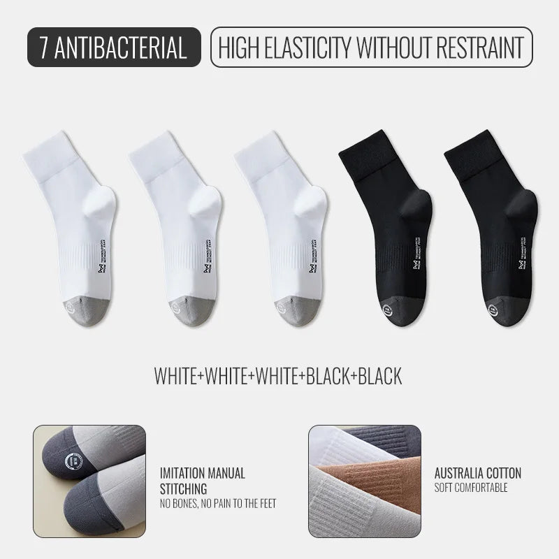 MiiOW Australian Cotton Socks Men Business Dress Black White Long Sock Antibacterial Anti Odor Crew Socks Breathable Sport Sock