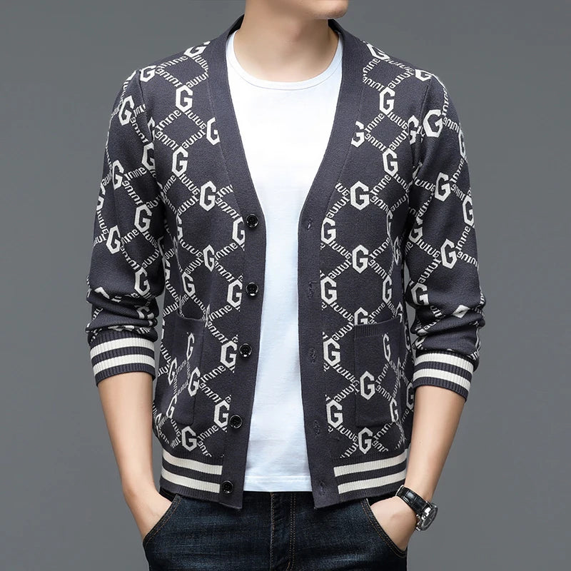 Autumn and Winter New Men's Trendy Brand Fashion Printed Top Long Sleeve Jacket Knitted Sweater for Men