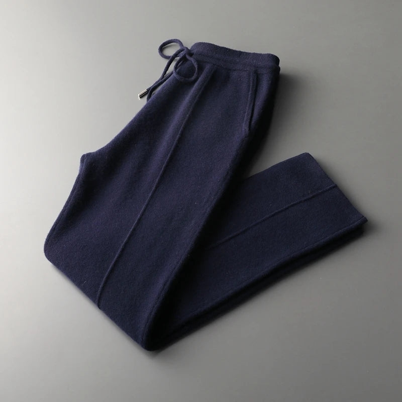 Men Wool Pants Autumn Winter 100%Merino Wool Thick Warm Smart Casual Trousers Knitwear Elasticity Waist Basic Sport Pants ﻿