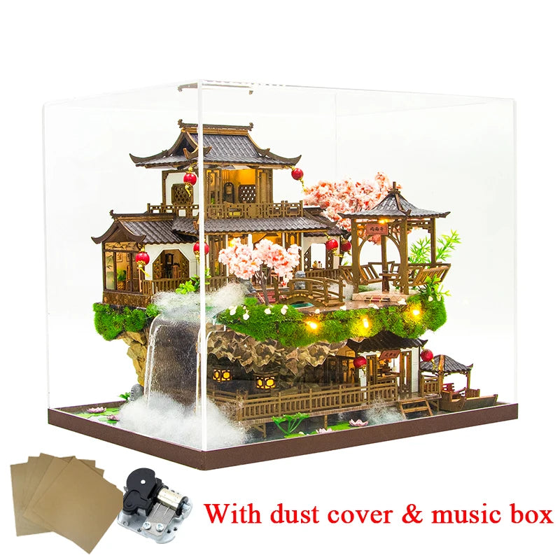 DIY Wooden Miniature Building Kit Doll Houses with Furniture Chinese Ancient Casa Dollhouse Handmade Toys for Girls Xmas Gifts