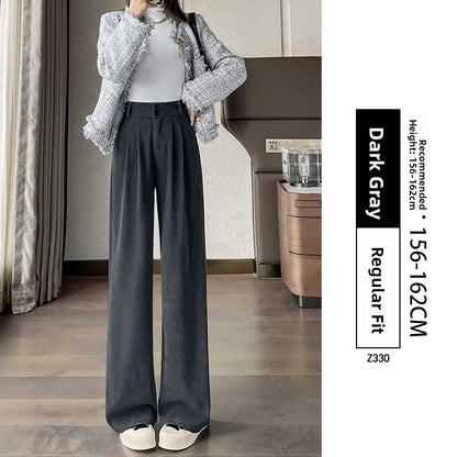 White Corduroy Wide Leg Pants Women's Autumn Winter Slim Straight Drapey Small Size Fleece Lined Suit Trousers