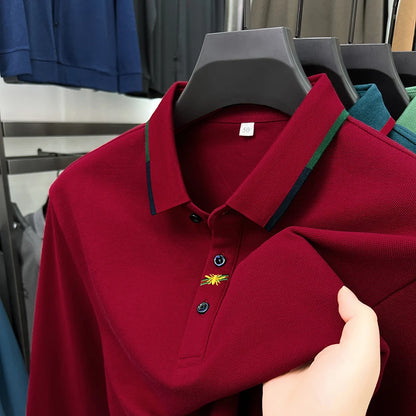 High End Brand Men's Embroidered Long Sleeve 100% Cotton Polo Shirt Business Casual Lapel Fashion Solid Color T-shirt Men's Wear
