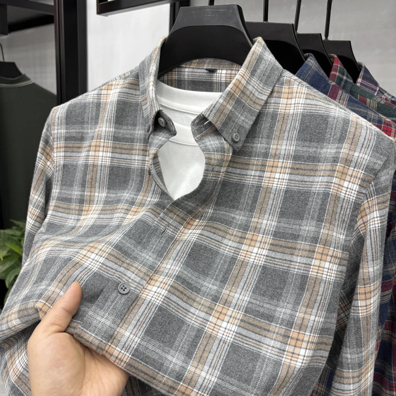 Cotton Plaid Shirt Men's Long Sleeved Spring New Loose Casual Jacket, Brushed and Iron Free Shirt Men's Clothing