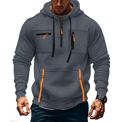 Men's Casual Sports Hoodie 2025 New Fashion Pocket Zipper Hooded Sweatshirt Solid Color Loose Coat Outdoor Running Streetwear