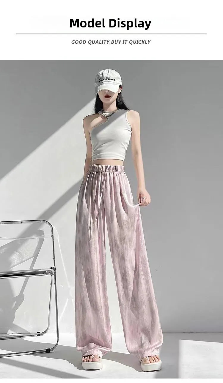 Summer Thin Ice Silk Satin Dyed Wide Leg Pants Women Loose Casual Drape High Waist Slimming Pants Ins Straight Leg Elastic Wa...