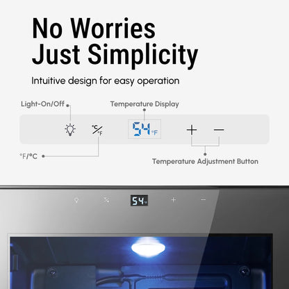 34 Bottle Single Zone Compressor Wine Cooler, Freestanding Wine Refrigerator Digital Touch Control 37-65°F Blue Interior Light Wine Storage Cabinet for Home Bar
