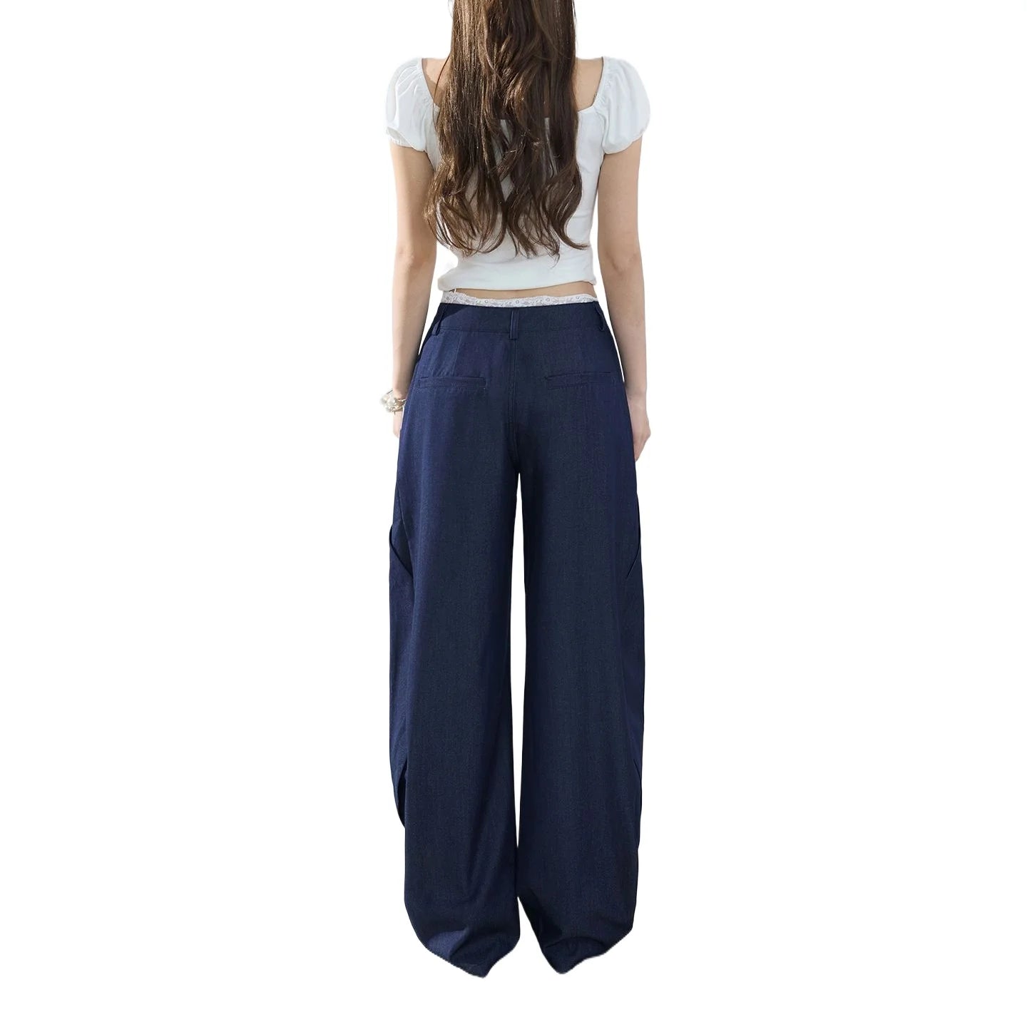 American-style retro loose wide-leg pants, lightweight curved pants, cool lace splicing, versatile casual pants for women