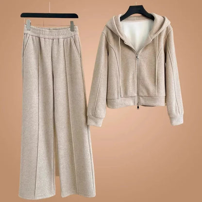 Women's Fleece Lined Thick Casual Sports Suit Set Hoodie Jacket Wide Leg Pants Two Piece Set Autumn Winter Fashion New Style