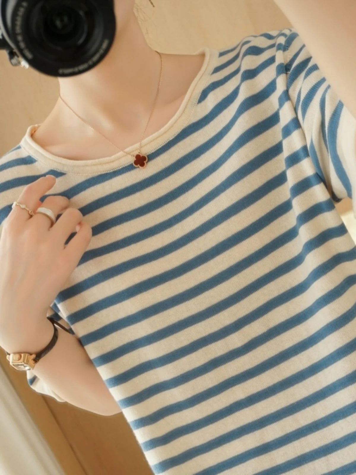 100% Pure Cotton Summer Stripe Short Sleeve T-Shirt Women Loose round Neck Vest Cotton Linen Half Sleeve Commute Style Simple