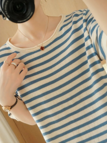 100% Pure Cotton Summer Stripe Short Sleeve T-Shirt Women Loose round Neck Vest Cotton Linen Half Sleeve Commute Style Simple