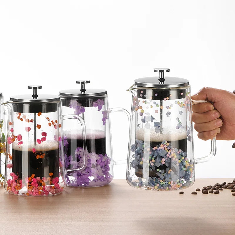 Dried Flower Double Glass French Press Heat-resistant Coffee Pot Insulation Coffee Utensil Household Filter Tea Maker