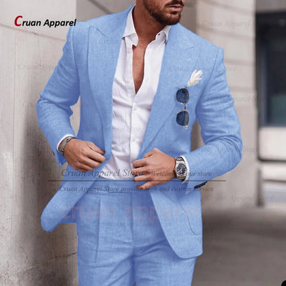 Fashion Sky Blue Linen Suit Set For Male Casual Party Fashion Blazer Pants 2Pieces Wedding Groomsman Formal Peaked Lapel Outfits