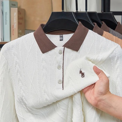 Men's Autumn and Winter Light Luxury 100% Cotton Men's Embroidered Knitted T-shirt Casual Business Sweater Polo Shirt