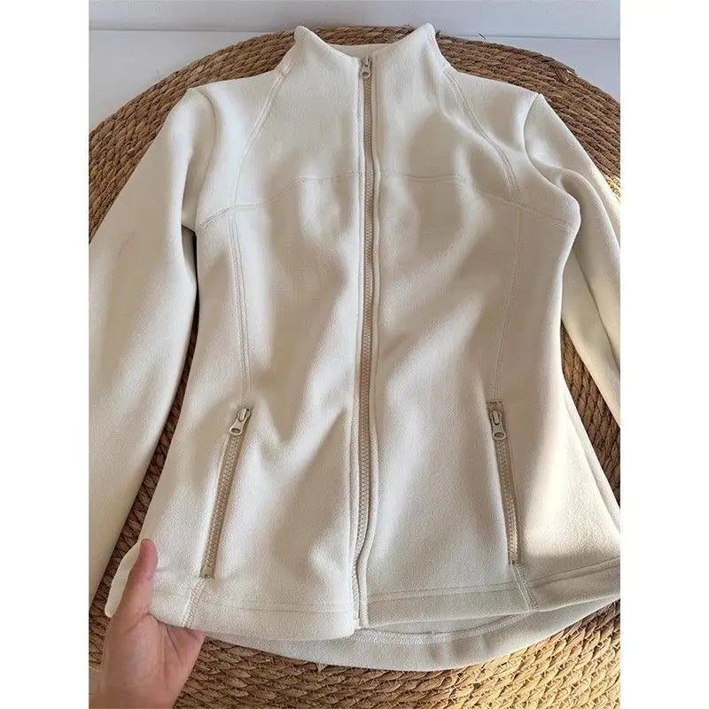 Thickened Fleece Women's Zipper Hoodie Slim Fit Warm Outerwear Stand Collar Cardigan Long Sleeve Autumn Winter Fashionable Top