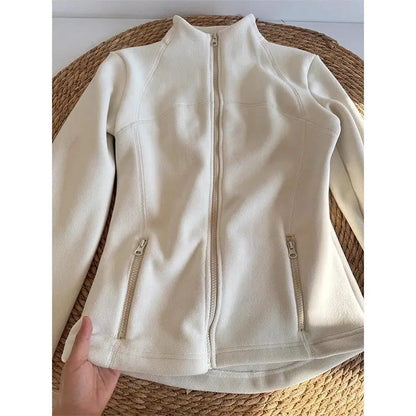Thickened Fleece Women's Zipper Hoodie Slim Fit Warm Outerwear Stand Collar Cardigan Long Sleeve Autumn Winter Fashionable Top