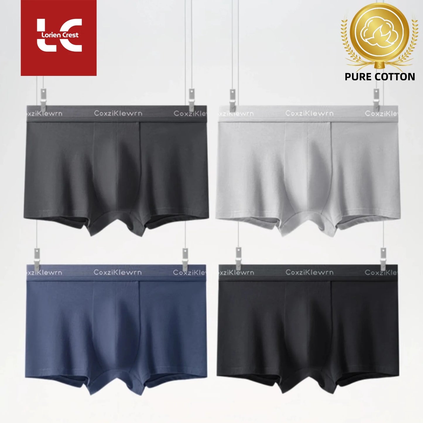 4PCS【LORIEN CREST】New Men's Underwear Pure Cotton Soft Breathable Fashion Solid Color U Convex Comfortable boxer for male