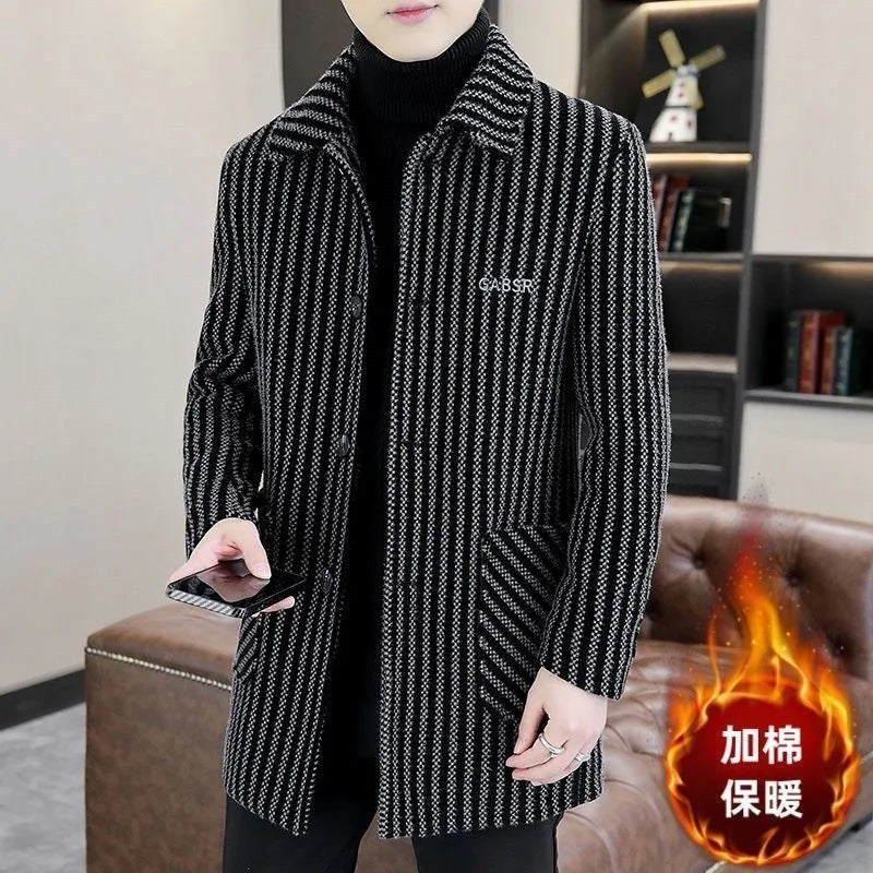 Winter Thickened Woolen Men's Coat Fashionable Striped Mid-Length Lapel Collar Windbreaker Versatile Stylish Business Casual