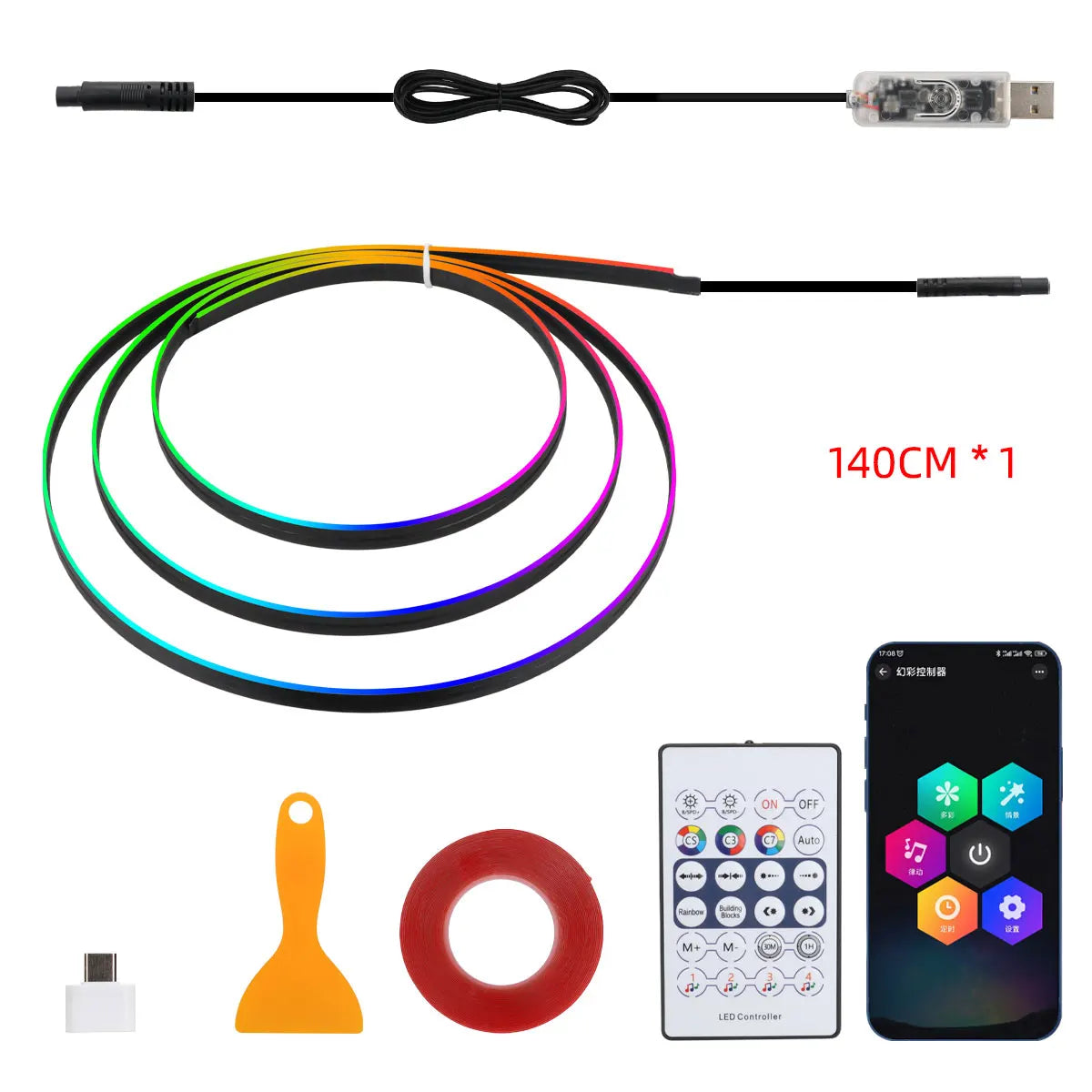 140/55.1inch Car Ambient Lights 1/6/10in1 Universal LED Symphony RGB Atmosphere Lamp USB APP Remote for Tesla Car Accessories