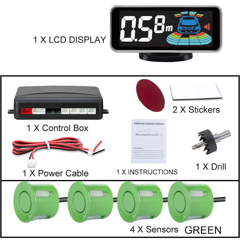 LCD Parking Sensor System Backlight Human Voice Alarm Display 4 Probes 12 Colors Backup Detector Parking Assistance Kit