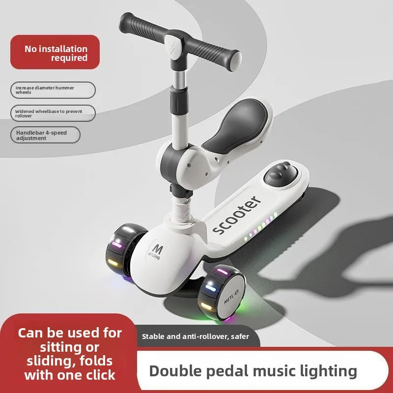3-in-1 Kids Scooter with Seat, Foldable Toddler Kick Scooter for Boys Girls Ages 1-3-6-10, 3-Wheel Light-Up Ride-On Toy with