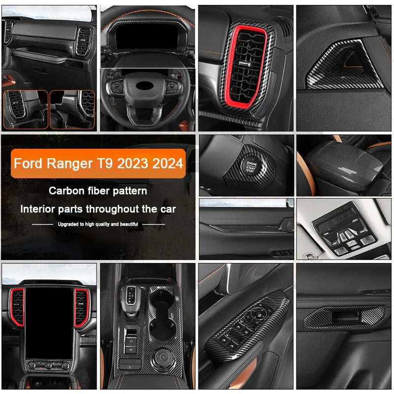 Carbon Fiber Car Interior Overlay Accessories For Ford Ranger Raptor Wildtrak T9 2022-2025, Central Gear Shift Panel Door Trim