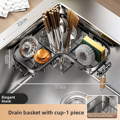 Kitchen Carbon Steel Sink Drain Rack No-Punching Wall Mounted Corner Dishcloth Storage Rack Waterproof Space Saving