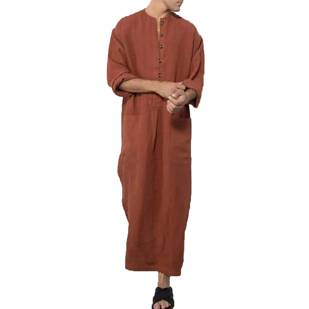 Vintage Muslim Men Islamic Arabic Jubba Thobe Robes Male Long Sleeve Pakistan Dubai Kaftan Abaya Pocket Robes Saudi Arabia Dress