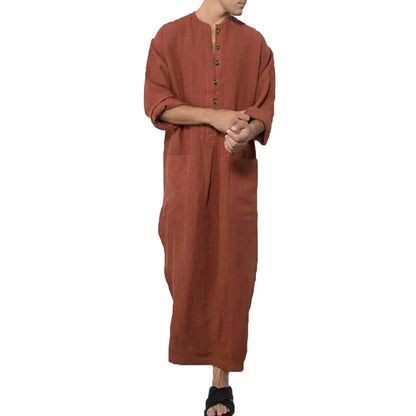 Vintage Muslim Men Islamic Arabic Jubba Thobe Robes Male Long Sleeve Pakistan Dubai Kaftan Abaya Pocket Robes Saudi Arabia Dress