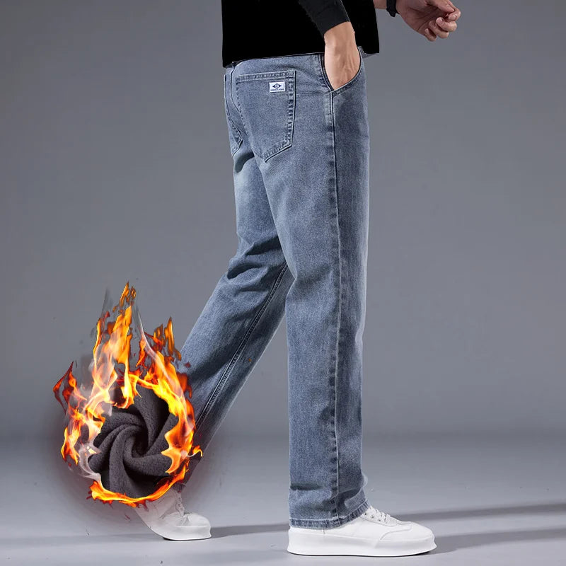 Elastic Business Jeans for Men's Fleece Thick Casual Warm Velvet Trousers Formal Office Daily Wear Plush Denim Trousers Men