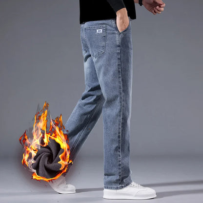 Elastic Business Jeans for Men's Fleece Thick Casual Warm Velvet Trousers Formal Office Daily Wear Plush Denim Trousers Men