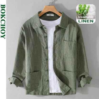 Spring Autumn New Solid Color Casual Long Sleeve Shirts for Men Clothing Cotton and Linen Soft Streetwear FY9796