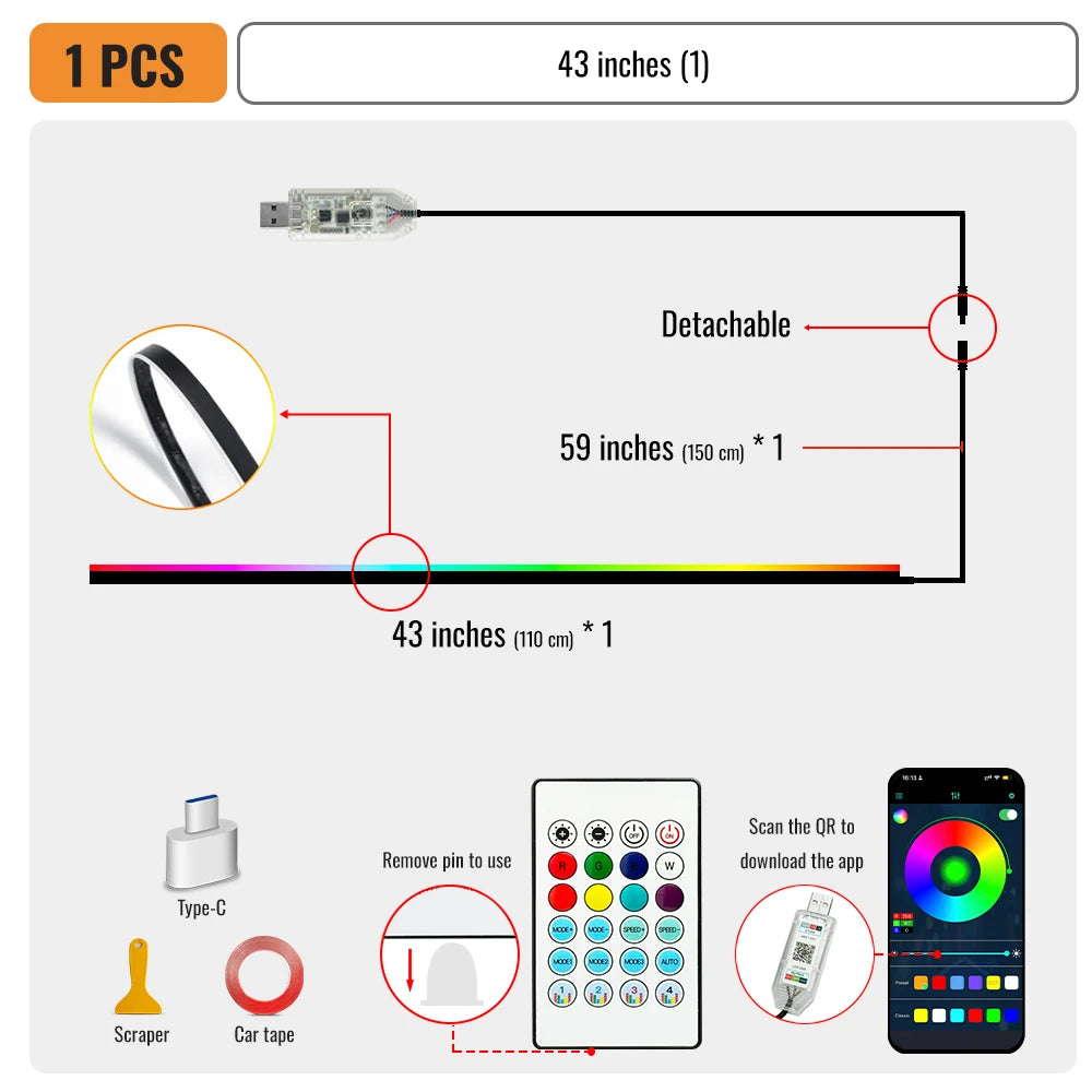 Universal 43-inch RGB Car Interior Lighting Kit with App Control - 64 Colors & 8 Dynamic Modes