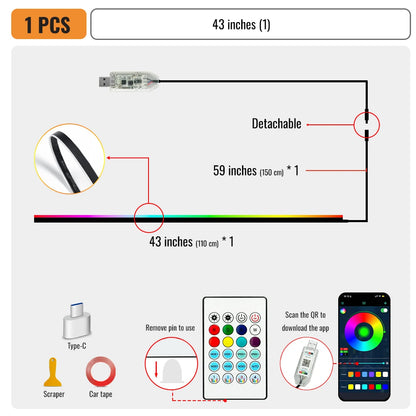 Universal 43-inch RGB Car Interior Lighting Kit with App Control - 64 Colors & 8 Dynamic Modes